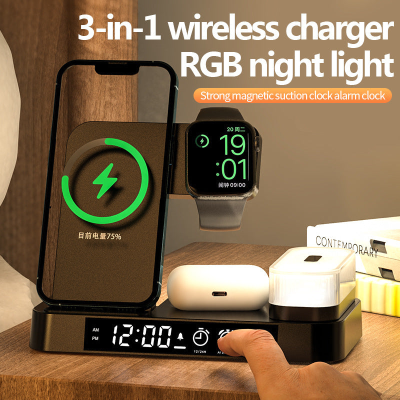 Lilium Star - 4-in-1 Wireless Charging Station with Alarm Clock, Foldable Stand, and RGB Night Light