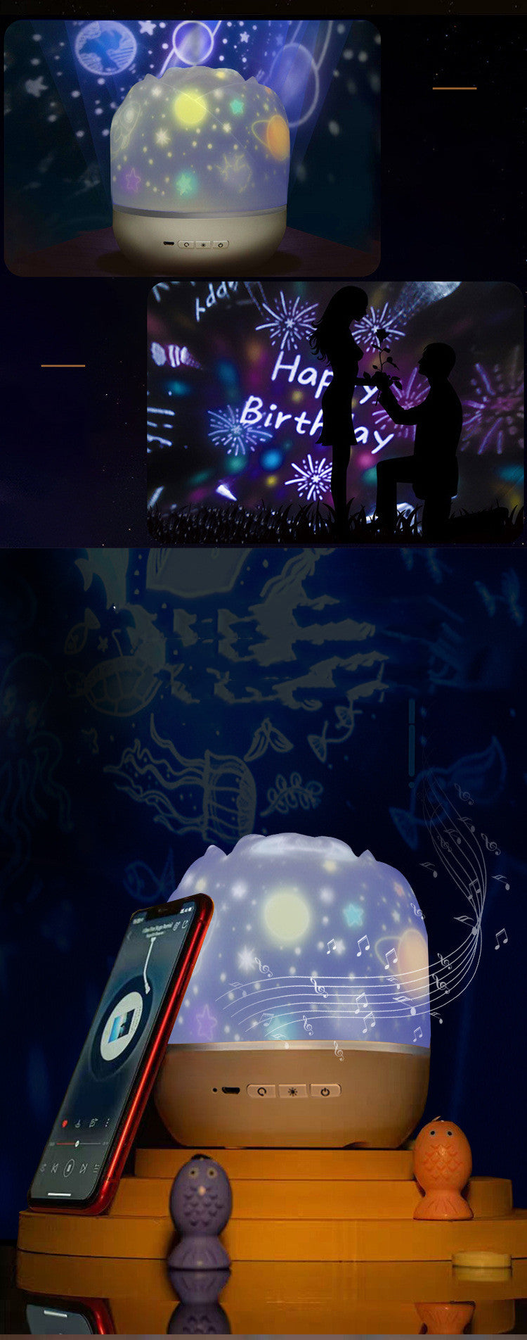 Lilium Star - Music Projector Night Light with Bluetooth Speaker, Rechargeable LED Lamp with Rotating Starry Sky and Colorful Flashing Lights