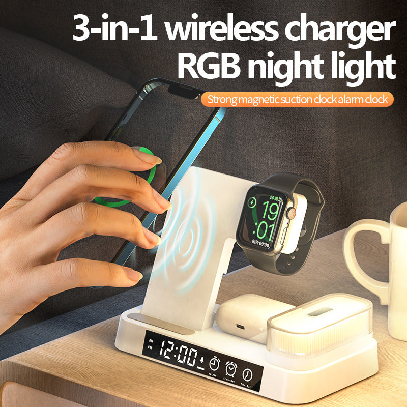Lilium Star - 4-in-1 Wireless Charging Station with Alarm Clock, Foldable Stand, and RGB Night Light