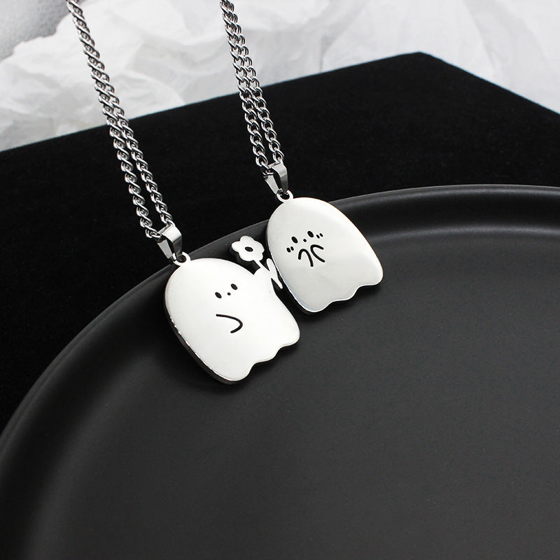 Lilium Star - Cute Stainless Steel Ghost Couple Necklace, Kawaii Cat Pendant for Lovers and Friends