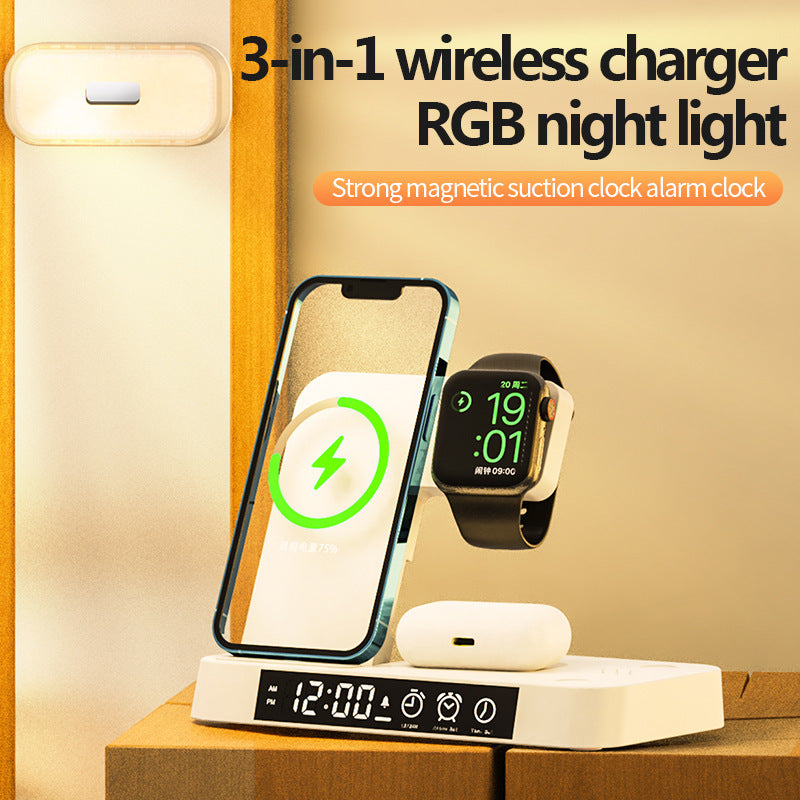 Lilium Star - 4-in-1 Wireless Charging Station with Alarm Clock, Foldable Stand, and RGB Night Light