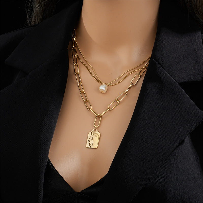 Lilium Star - Fashion Jewelry Layered Face Portrait Chain Choker Necklace Elegant Pearls Pendant Necklace for Women Jewelry Accessories
