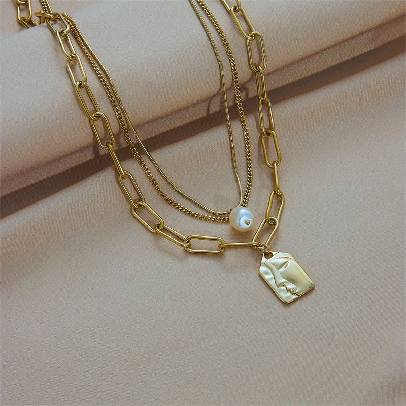Lilium Star - Fashion Jewelry Layered Face Portrait Chain Choker Necklace Elegant Pearls Pendant Necklace for Women Jewelry Accessories