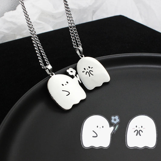 Lilium Star - Cute Stainless Steel Ghost Couple Necklace, Kawaii Cat Pendant for Lovers and Friends