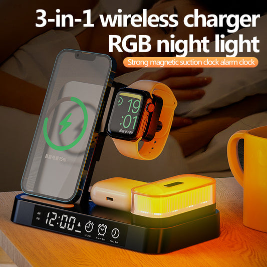 Lilium Star - 4-in-1 Wireless Charging Station with Alarm Clock, Foldable Stand, and RGB Night Light